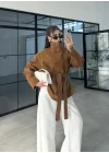Kuşaklı Dik Yaka Camel Süet Trençkot