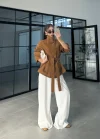 Kuşaklı Dik Yaka Camel Süet Trençkot