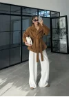 Kuşaklı Dik Yaka Camel Süet Trençkot