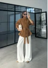 Kuşaklı Dik Yaka Camel Süet Trençkot
