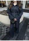 Kuşaklı Koyu Denim Takım