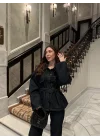 Kuşaklı Koyu Denim Takım