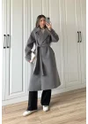 Kuşaklı Premium İthal Gri Yün Kaban