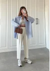 Lacivert Çizgili Kol Tasarım Poplin Gömlek