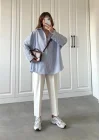Lacivert Çizgili Kol Tasarım Poplin Gömlek