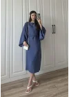 Laila Tensel Basic Kuşaklı İndigo Elbise