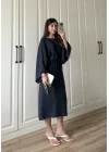 Laila Tensel Basic Kuşaklı Lacivert Elbise