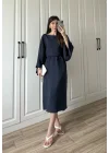 Laila Tensel Basic Kuşaklı Lacivert Elbise