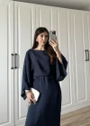 Laila Tensel Basic Kuşaklı Lacivert Elbise