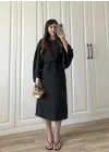 Laila Tensel Basic Kuşaklı Siyah Elbise