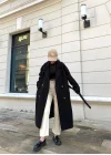 Mango Model Premium Kuşaklı Siyah Oversize Kaban