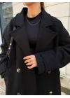 Mango Model Premium Kuşaklı Siyah Oversize Kaban