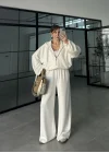 Modal Kumaş Bomber Beyaz Eşofman Takım