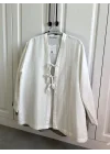 Önü Bağlamalı Beyaz Keten Kimono