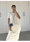 Oys Kumaş Likralı Basic Beyaz Elbise