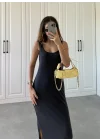 Oysh Kumaş Basic Yırtmaçlı Antrasit Uzun Elbise