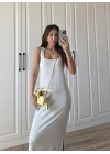 Oysh Kumaş Basic Yırtmaçlı Gri Uzun Elbise