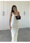 Oysh Kumaş Basic Yırtmaçlı Gri Uzun Elbise