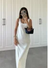 Oysh Kumaş Basic Yırtmaçlı Gri Uzun Elbise