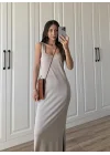 Oysh Kumaş Basic Yırtmaçlı Vizon Uzun Elbise