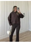 Oysh Modal Kumaş Çıtçıtlı Kahve Sweat Takım