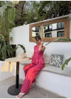 Pembe Kırmızı Çizgili Bluz Takım