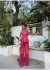 Pembe Kırmızı Çizgili Bluz Takım