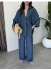 Premium Koyu Denim Mavi Tensel Takım