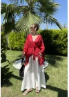 Püsküllü Kuşaklı Kırmızı Kimono