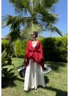 Püsküllü Kuşaklı Kırmızı Kimono