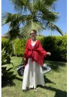 Püsküllü Kuşaklı Kırmızı Kimono
