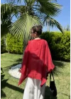 Püsküllü Kuşaklı Kırmızı Kimono