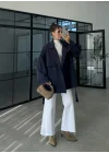 Rose Oversize Kuşaklı Lacivert Trençkot