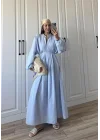 Safia Önü Düğmeli Astarlı Bebe Mavi Kuşaklı Elbise