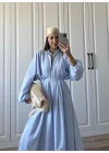 Safia Önü Düğmeli Astarlı Bebe Mavi Kuşaklı Elbise