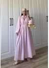 Safia Önü Düğmeli Astarlı Pembe Kuşaklı Elbise