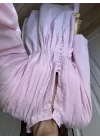 Safia Önü Düğmeli Astarlı Pembe Kuşaklı Elbise
