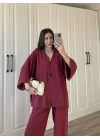 Safir Tek Düğmeli Tensel Oversize Bordo Takım