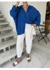 Saks Mavi Oversize Tensel Gömlek