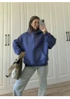 Şardonlu Oversize Mavi Sweatshirt
