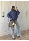 Şardonlu Oversize Mavi Sweatshirt