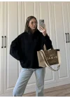 Şardonlu Oversize Siyah Sweatshirt