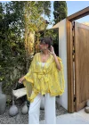 Sarı Desenli Püsküllü Kuşaklı Kimono