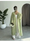 Saten İpek Desenli Yeşil Kimono