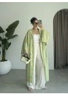 Saten İpek Desenli Yeşil Kimono