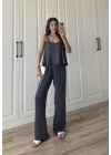 Saten Pamuklu Askılı İndigo Bluz Takım