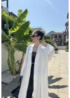 Saten Puantiyeli Uzun Beyaz Kimono