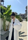 Saten Puantiyeli Uzun Beyaz Kimono
