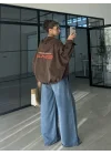Sırtı Nakışlı Oversize Kapşonlu Kahve Ceket