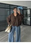 Sırtı Nakışlı Oversize Kapşonlu Kahve Ceket